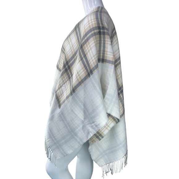 J Jill Womens One Size Poncho Sweater Wrap Plaid Acrylic Fringe Neutral Soft - Picture 5 of 14